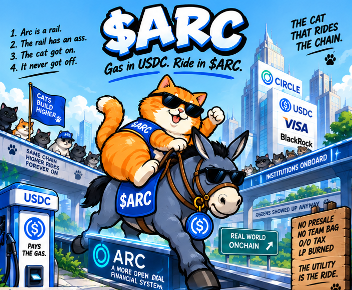 Orange cat in a $ARC vest riding a donkey on the Arc rail past Circle, USDC, Visa and BlackRock