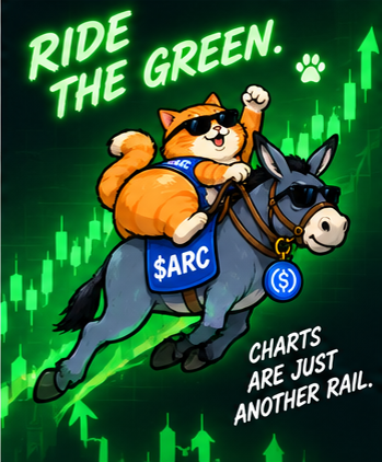Cat riding a donkey through a green candlestick chart