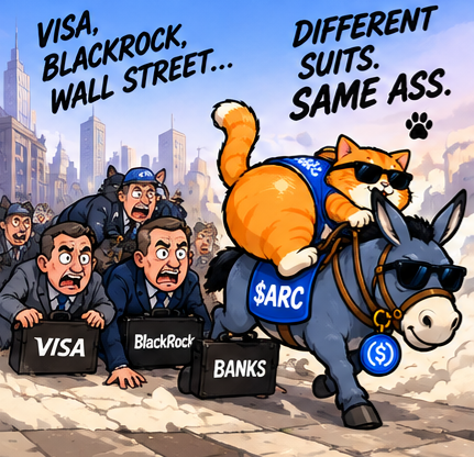 Cat riding past Visa, BlackRock and bank suits